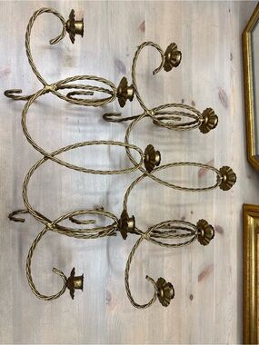 Vintage 1960s Hollywood Regency gold tone metal wall mount candelabra - set of 2